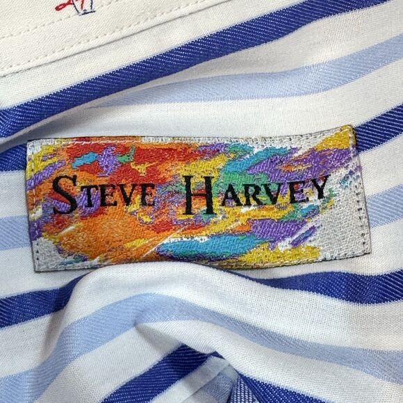 Steve Harvey Blue Stripe Men’s Dress Shirt 17.5 37 French Cuff Cotton NWT - Picture 4 of 14